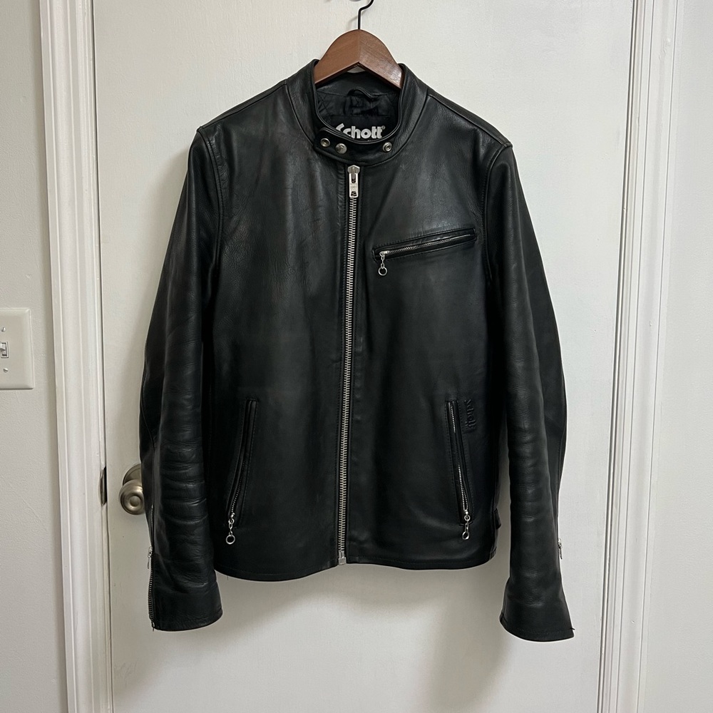 Schott NYC Cafe Racer Black Leather Jacket - Medium